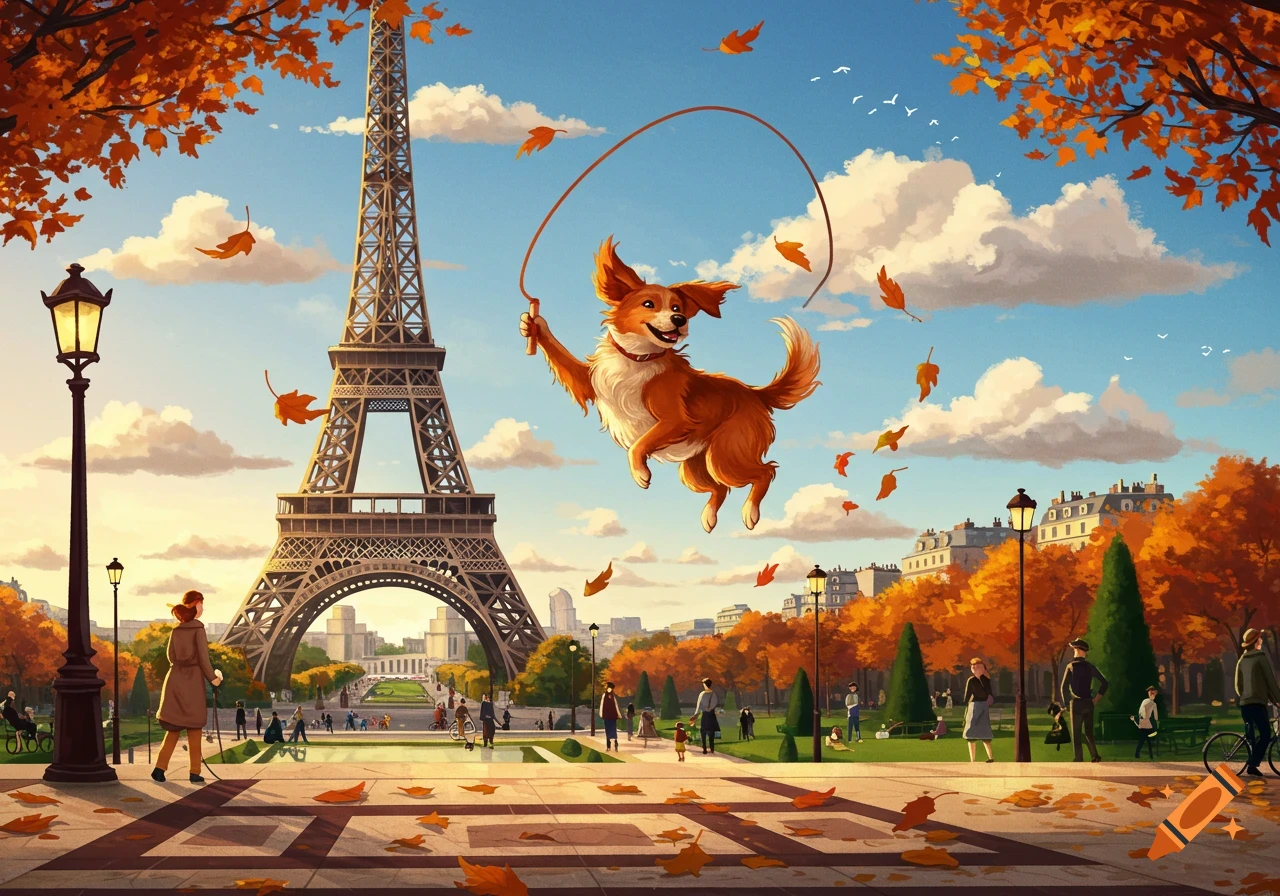 An illustrated happy brown and white dog jumps rope in the air with the Eiffel Tower and autumn leaves in Paris.