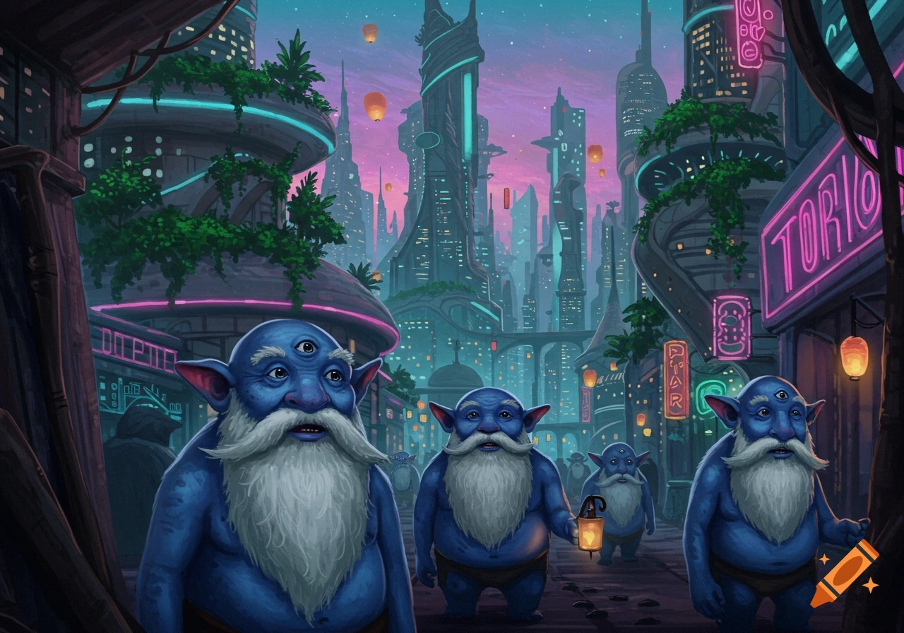 A futuristic city with tall buildings and neon lights, inhabited by blue, three-eyed, bearded, elf-eared creatures. One holds a lantern.