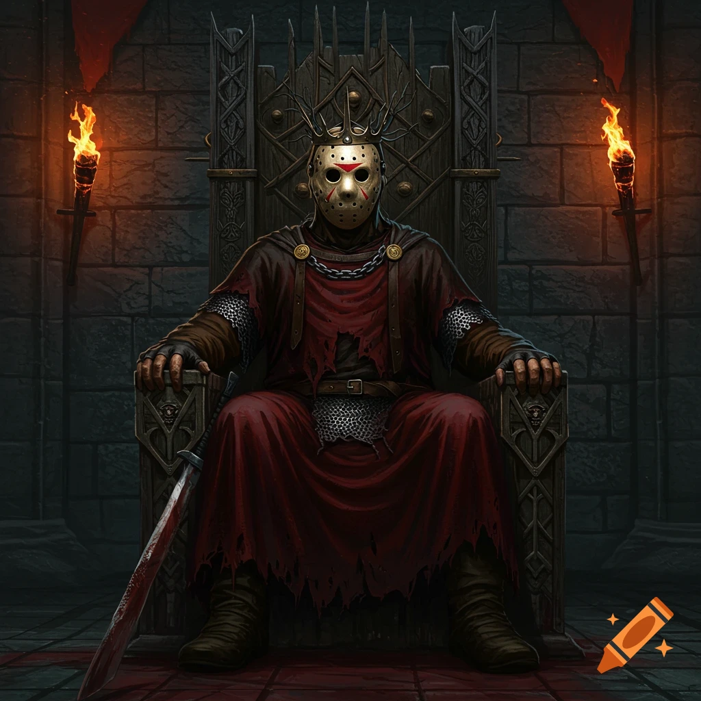 Jason Voorhees, wearing a hockey mask and antler crown, sits on a dark throne in a stone castle, holding a bloodied sword. Torches light the scene.