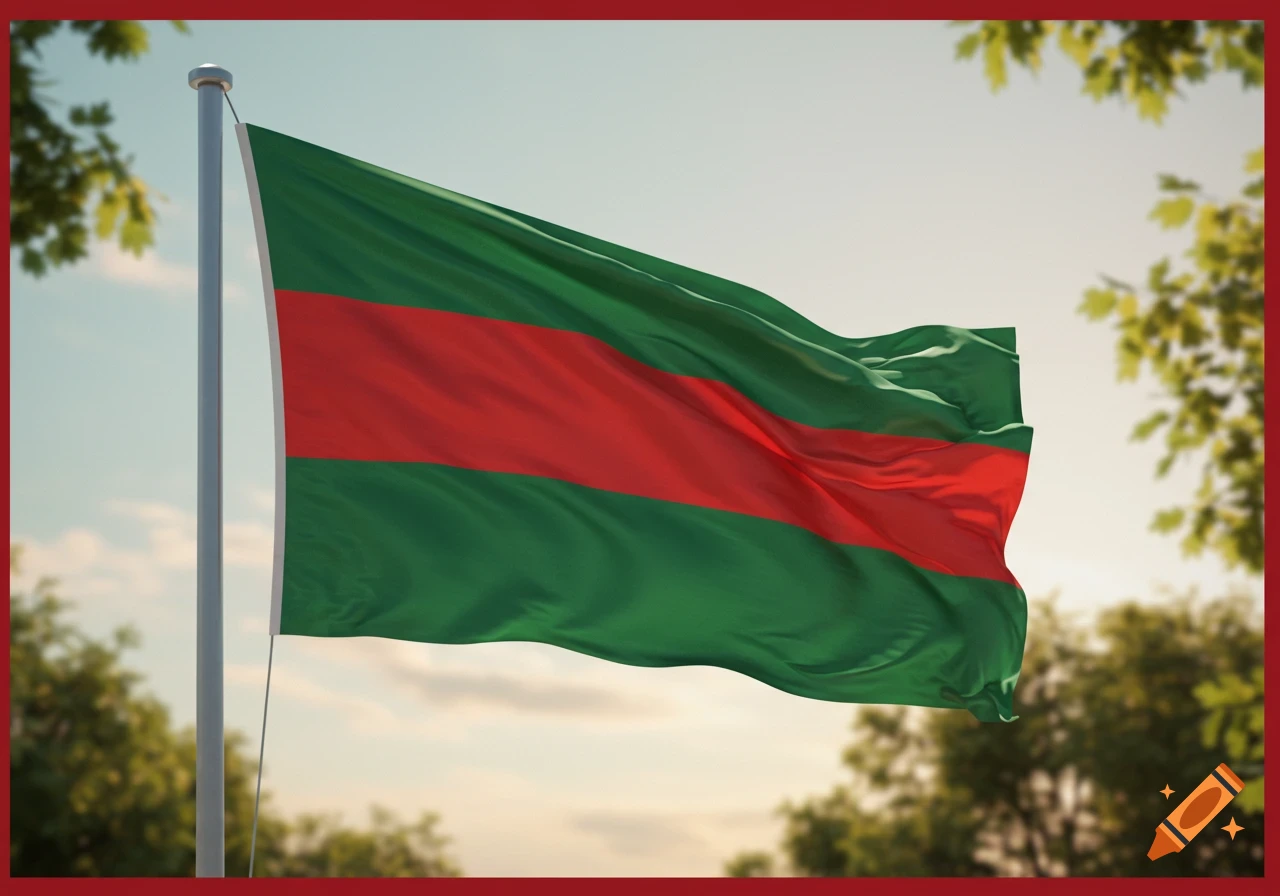 A green and red flag with a central red stripe waves on a flagpole against a bright sky and blurred trees.
