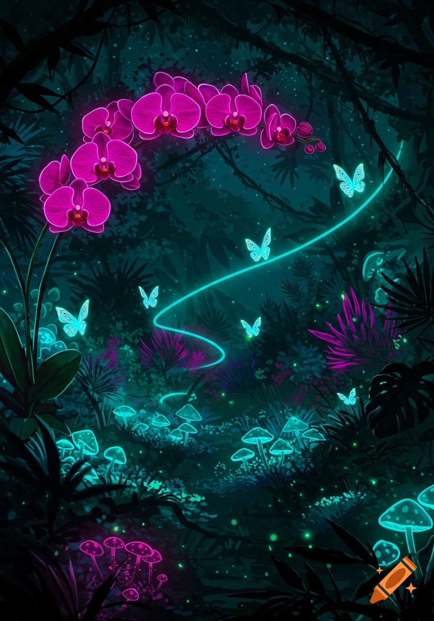 A vibrant neon jungle scene with glowing pink orchids, luminous blue butterflies, and bioluminescent mushrooms, in an artistic style.