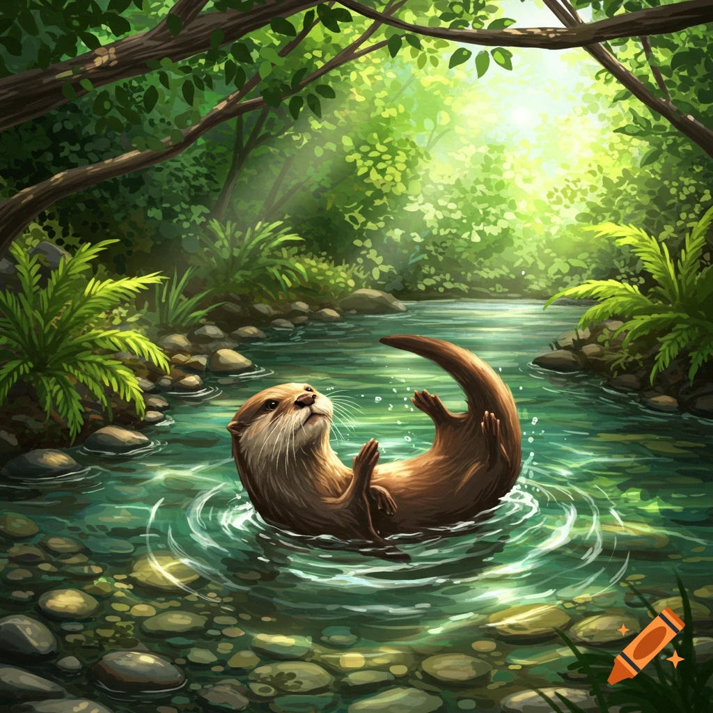 An adorable otter floats on its back in a sunlit forest stream, surrounded by lush green trees and ferns, in a vibrant illustration.