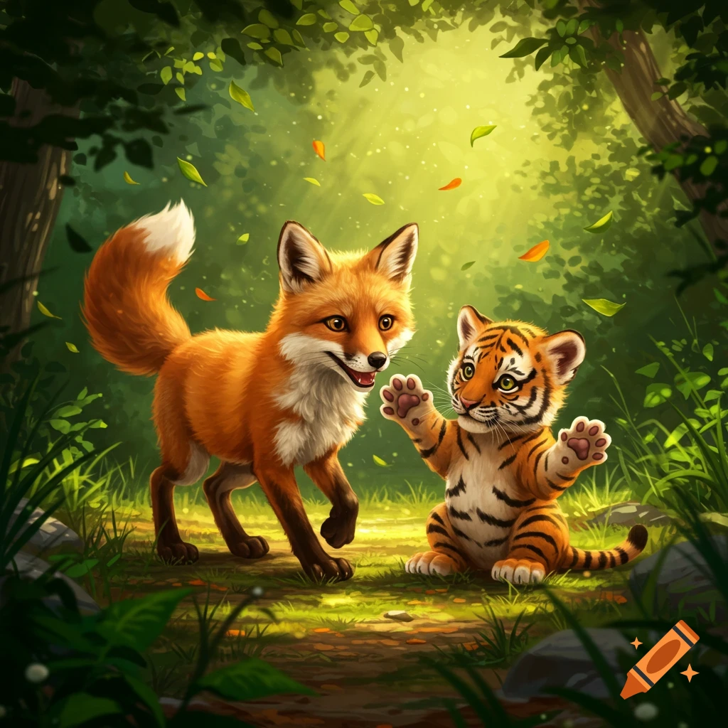 A cute fox and baby tiger playing in a whimsical, sun-dappled forest illustration.