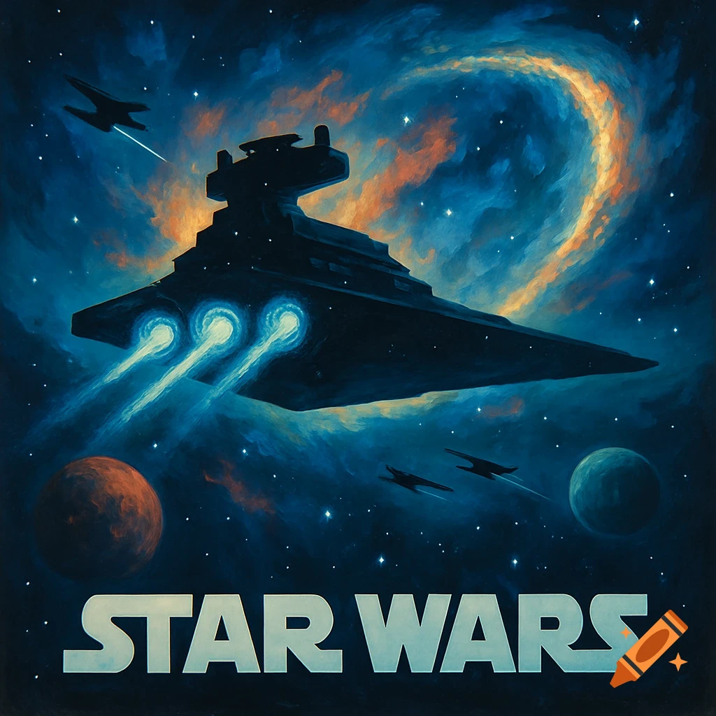 A stylized painting of a large spaceship, resembling a Star Destroyer, flying through a colorful nebula with planets and smaller ships. 'STAR WARS' text at the bottom.