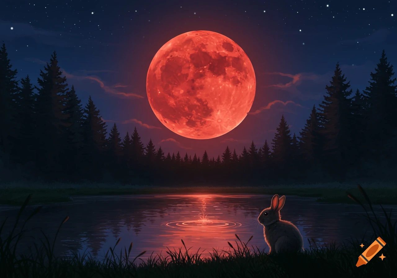 A rabbit sits by a pond under a giant red moon, reflecting in the water, surrounded by a dark forest at night.