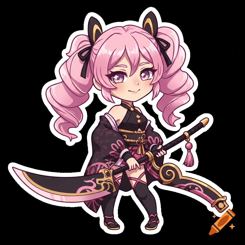 Chibi anime girl with pink pigtails, wearing a black and pink outfit, holding a large stylized weapon. Sticker art style.