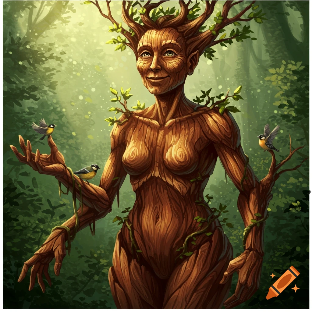 Fantasy illustration of an old tree woman with bark skin and leafy branches for hair, holding two small birds in a sunlit forest.