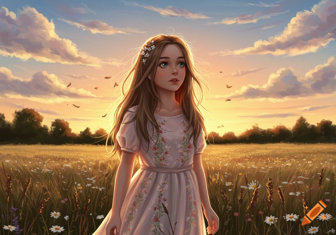 A beautiful digital painting of a young girl with long brown hair, wearing a white floral dress, standing in a sunlit field of wildflowers at sunset.