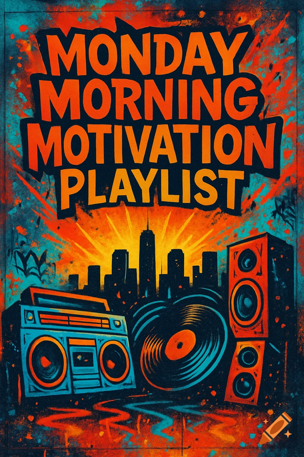 Vibrant album cover for 'Monday Morning Motivation Playlist' in a hip-hop street art style, featuring a boombox, speakers, vinyl, and a city skyline at sunset.