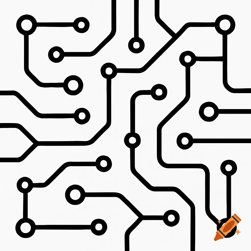 A black and white minimalist circuit board pattern with thick, interconnected lines and circular nodes on a white background.