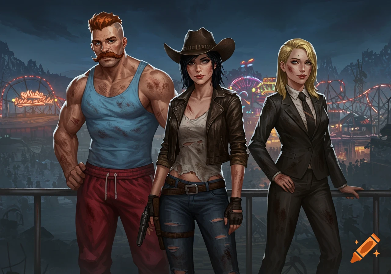 Three bruised characters: a muscular man, a cowboy-hatted woman, and a suit-wearing woman, against a night amusement park with a "Nuke Nuka World" sign.