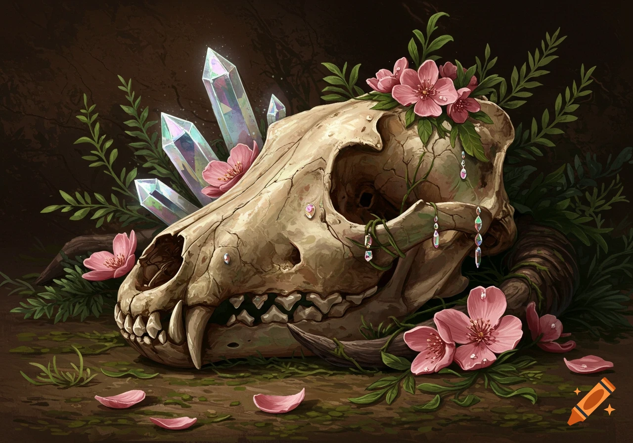 A stylized wolf skull adorned with pink flowers, green foliage, and glowing iridescent crystals, set on a dark, earthy background.