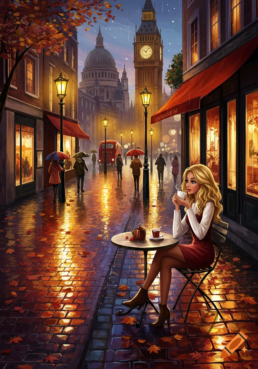 Blonde woman at an outdoor cafe on a rainy autumn London street with Big Ben and St. Paul's Cathedral in the background, warm lamplit glow.