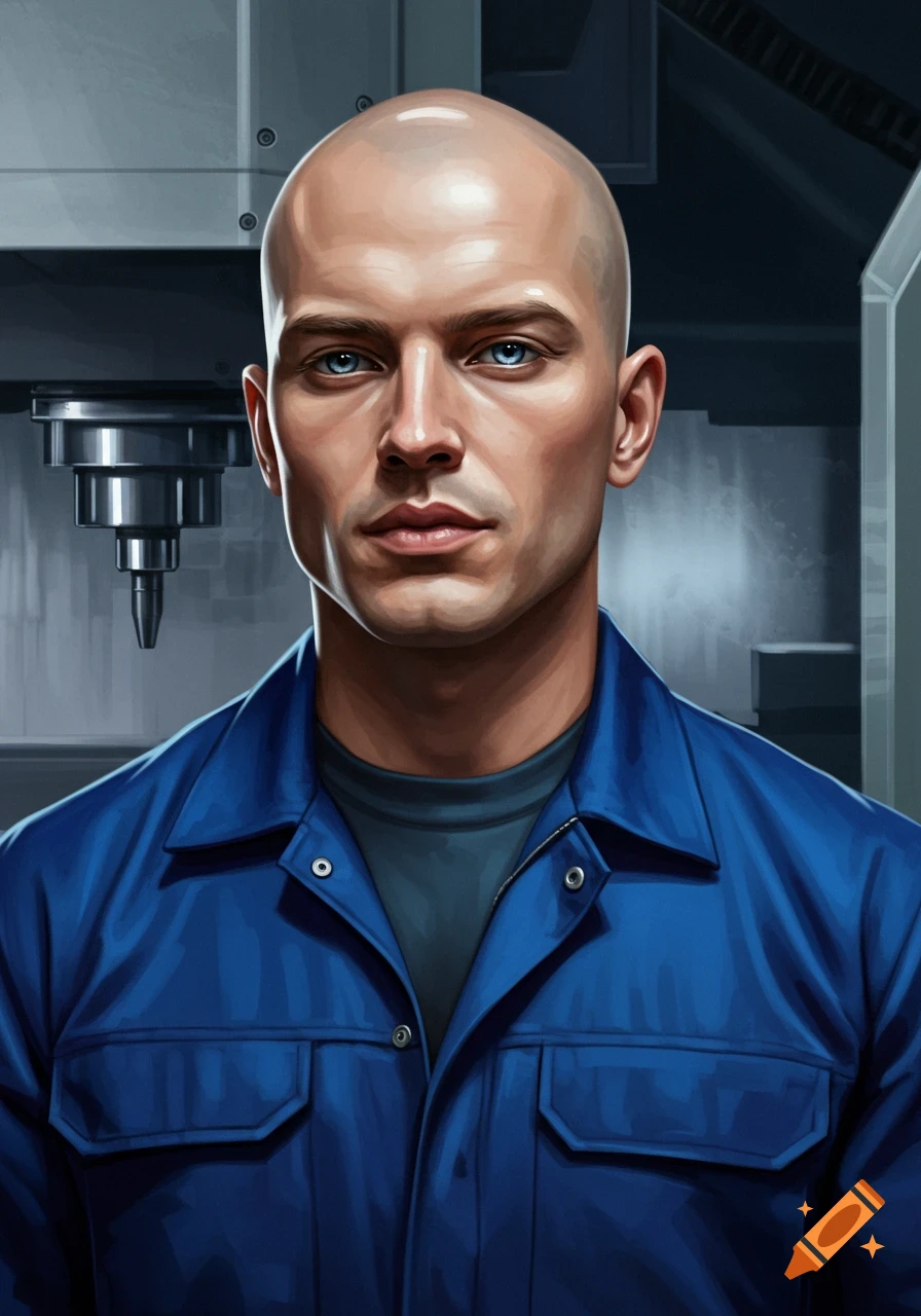 A realistic portrait of a bald man with blue eyes in a blue work uniform standing in front of industrial machinery.