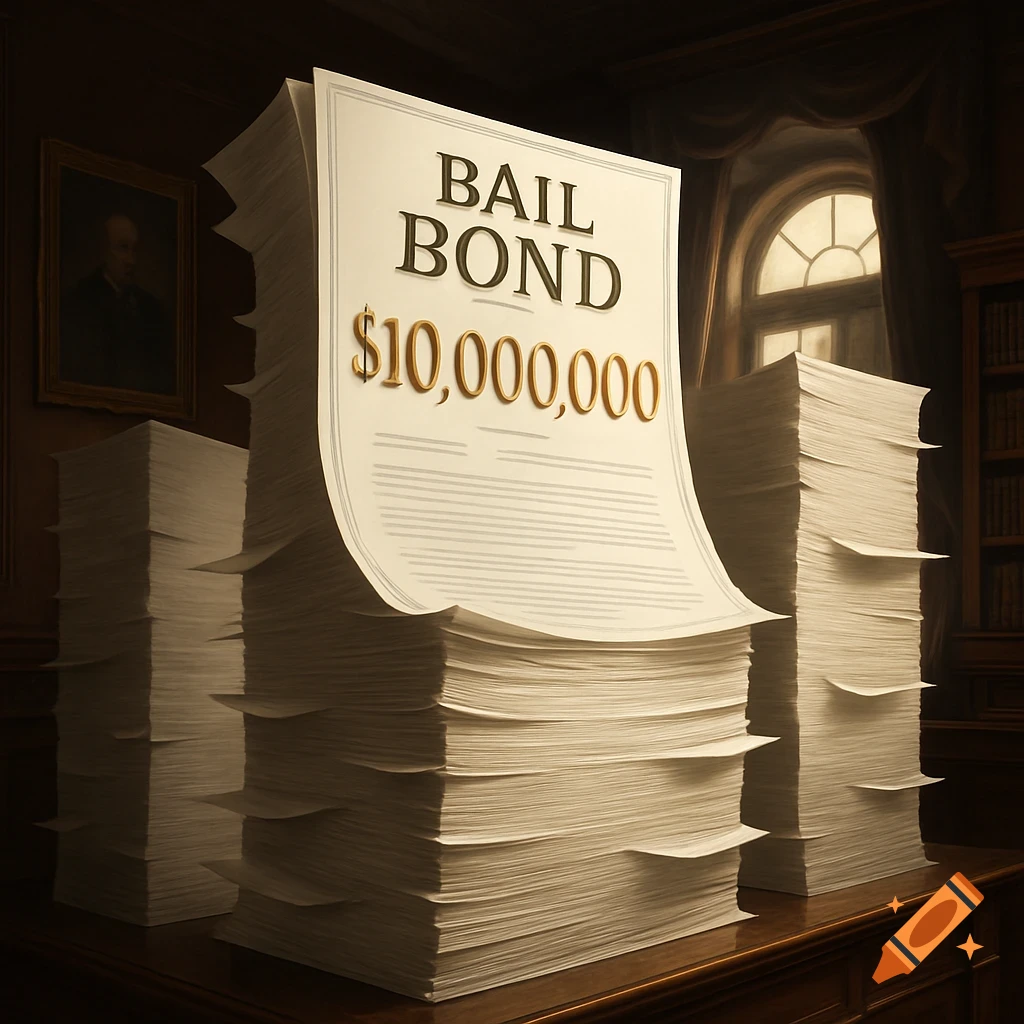 Stacks of bail bond papers with '$10,000,000' on the top sheet in a dimly lit office.