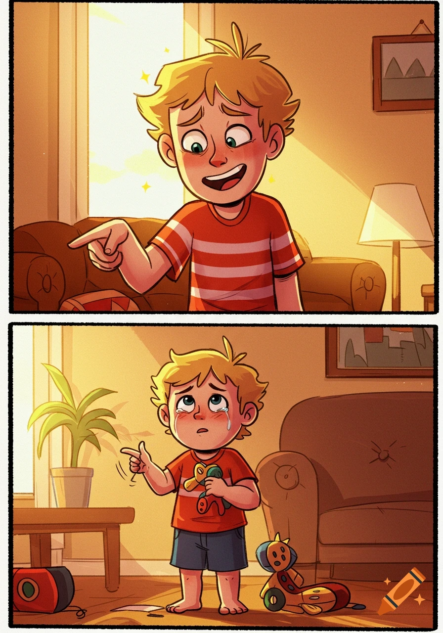 Comic illustration showing an older boy pointing and laughing at his crying younger brother in a living room.