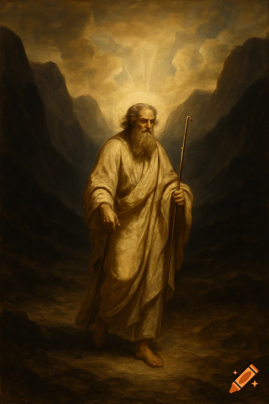 A classical painting of a robed, bearded man holding staffs, walking through a dark mountain valley under a bright, glowing sky.