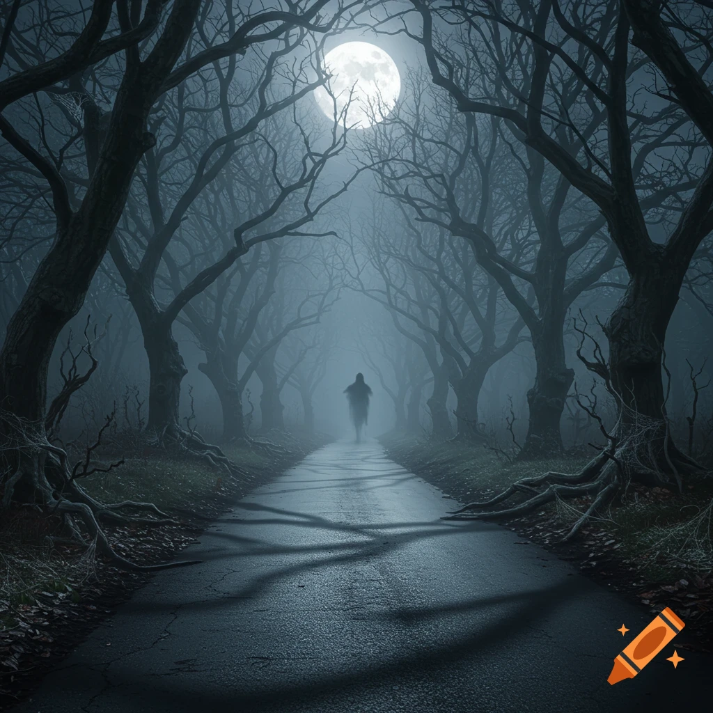 A shadowy figure walks down a misty, tree-lined path under a bright full moon in a spooky forest.