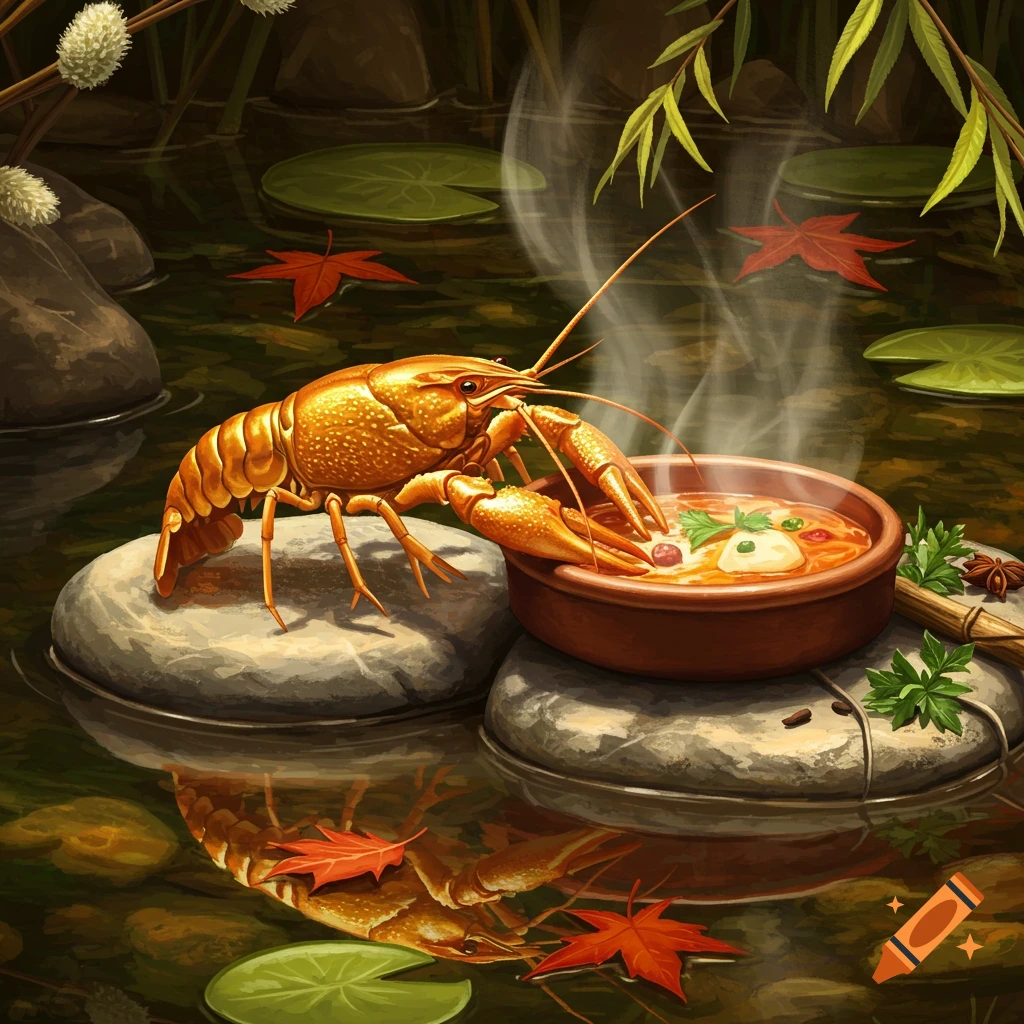 A golden crayfish on rocks in a pond, eating from a steaming bowl of stew, surrounded by lily pads and autumn leaves.