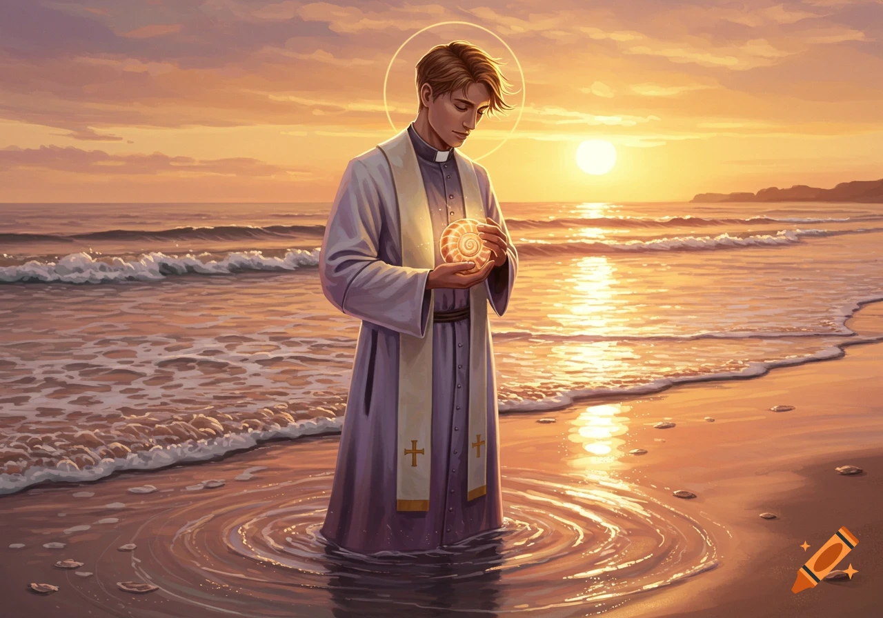 A young priest with a halo stands in shallow ocean water at sunset, holding a glowing spiral seashell.