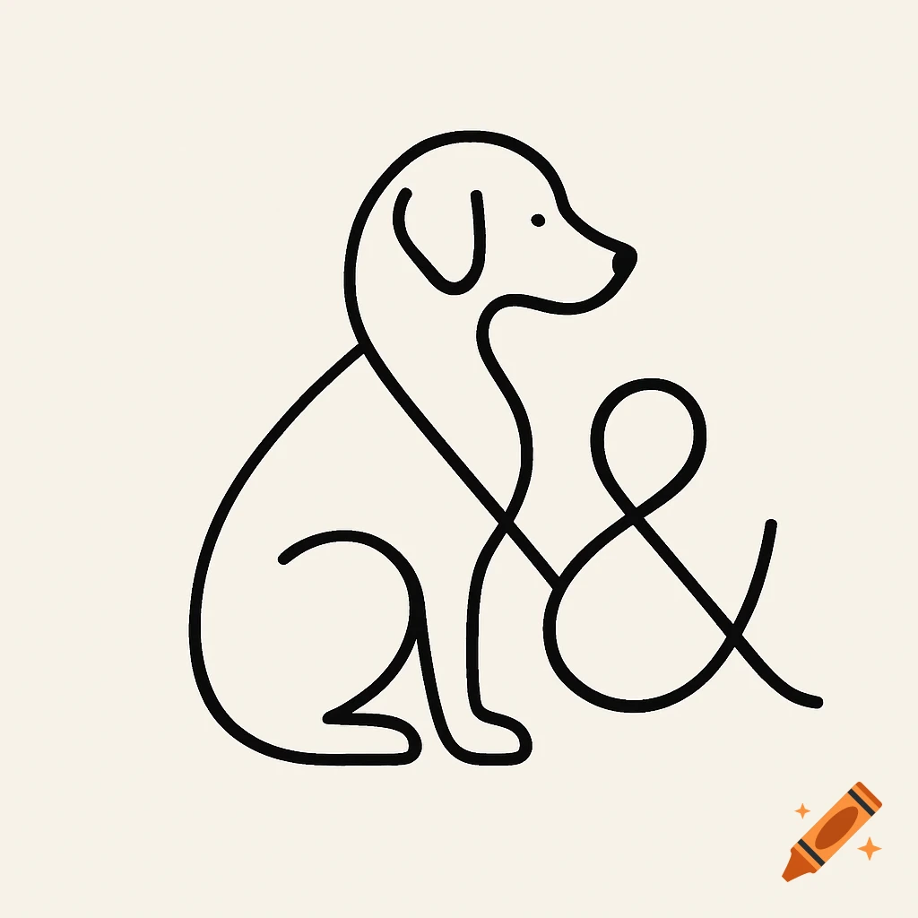 Black minimalist line art logo of a sitting dog forming an ampersand symbol.