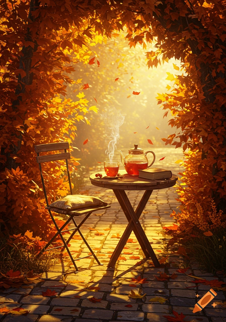 Cozy autumn scene with a steaming teacup, teapot, and book on a table, surrounded by vibrant golden fall leaves and dappled sunlight.