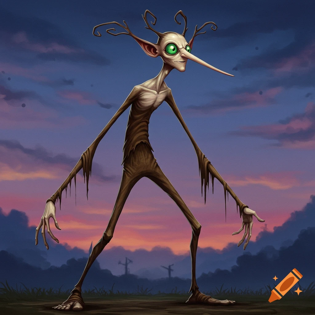 A lanky, pale fantasy creature with green eyes, a long nose, and branch antlers stands under a twilight sky.