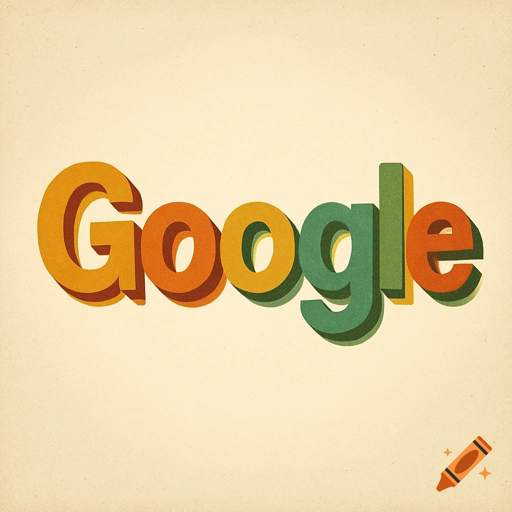 The Google logo rendered in a vintage 1970s style with textured, colorful 3D letters on an off-white background.