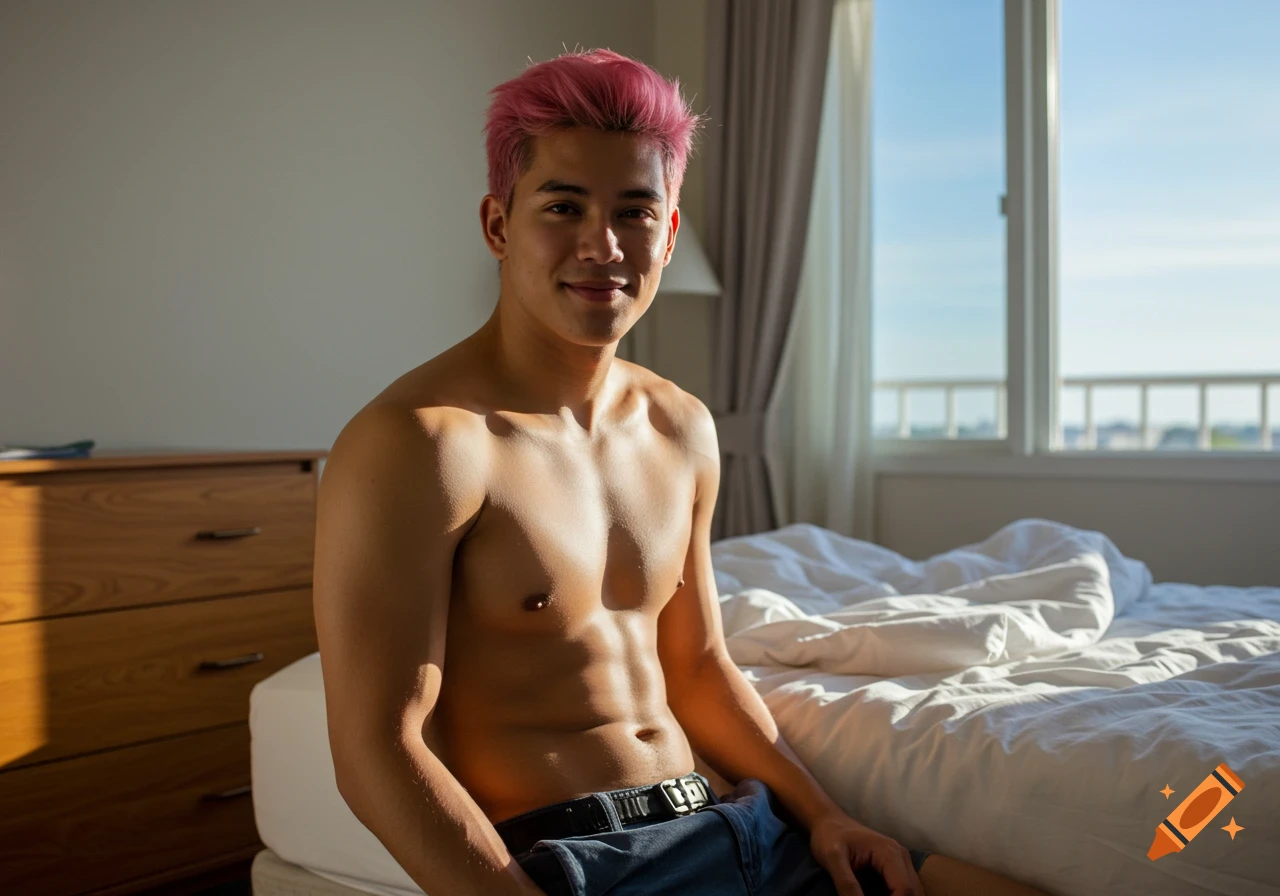 A man with pink hair sits shirtless on the edge of a bed in a sunny bedroom, smiling at the viewer.