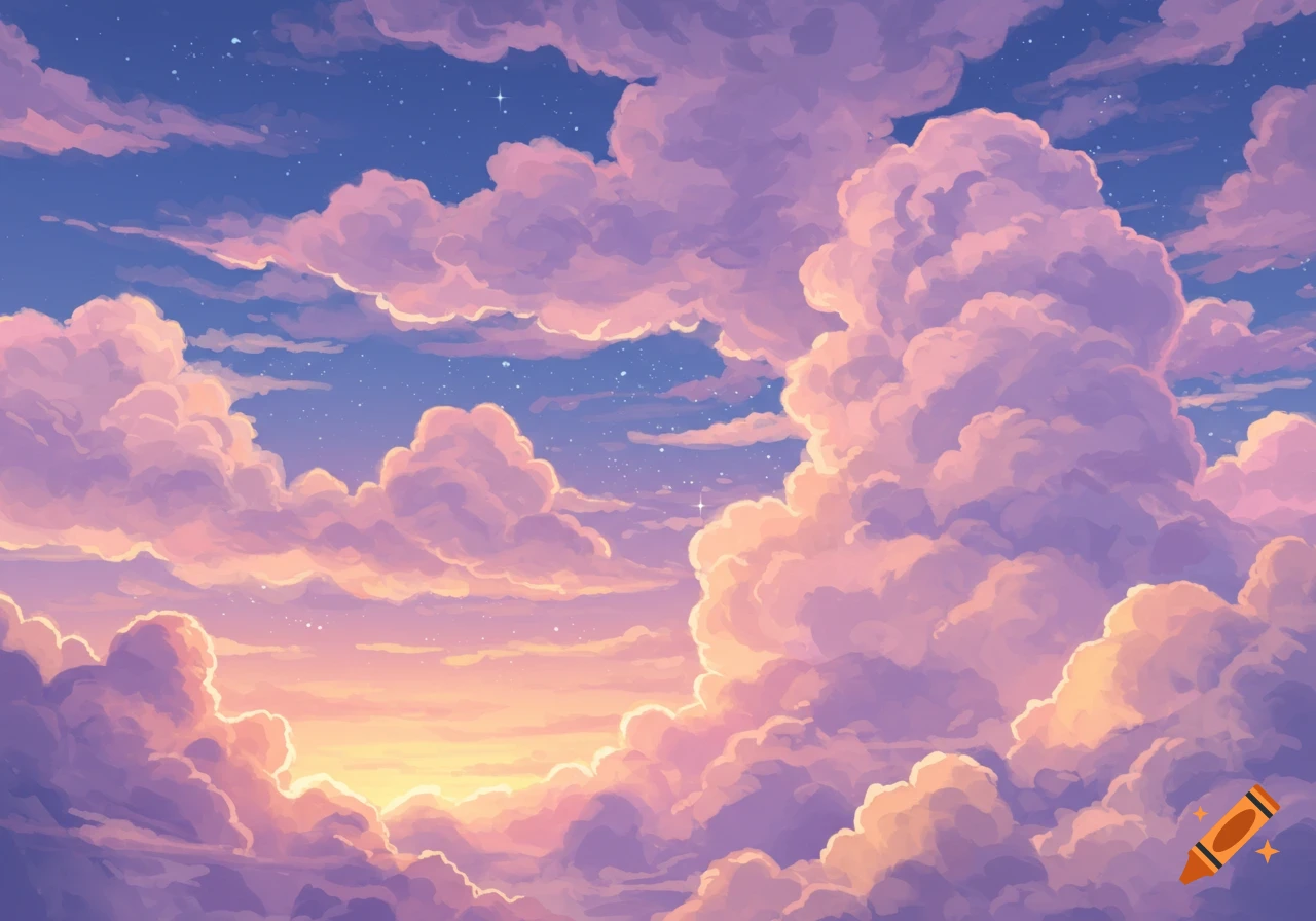 Stylized digital art of vibrant pink and purple clouds in a blue sky, illuminated by a warm sunset or sunrise glow.