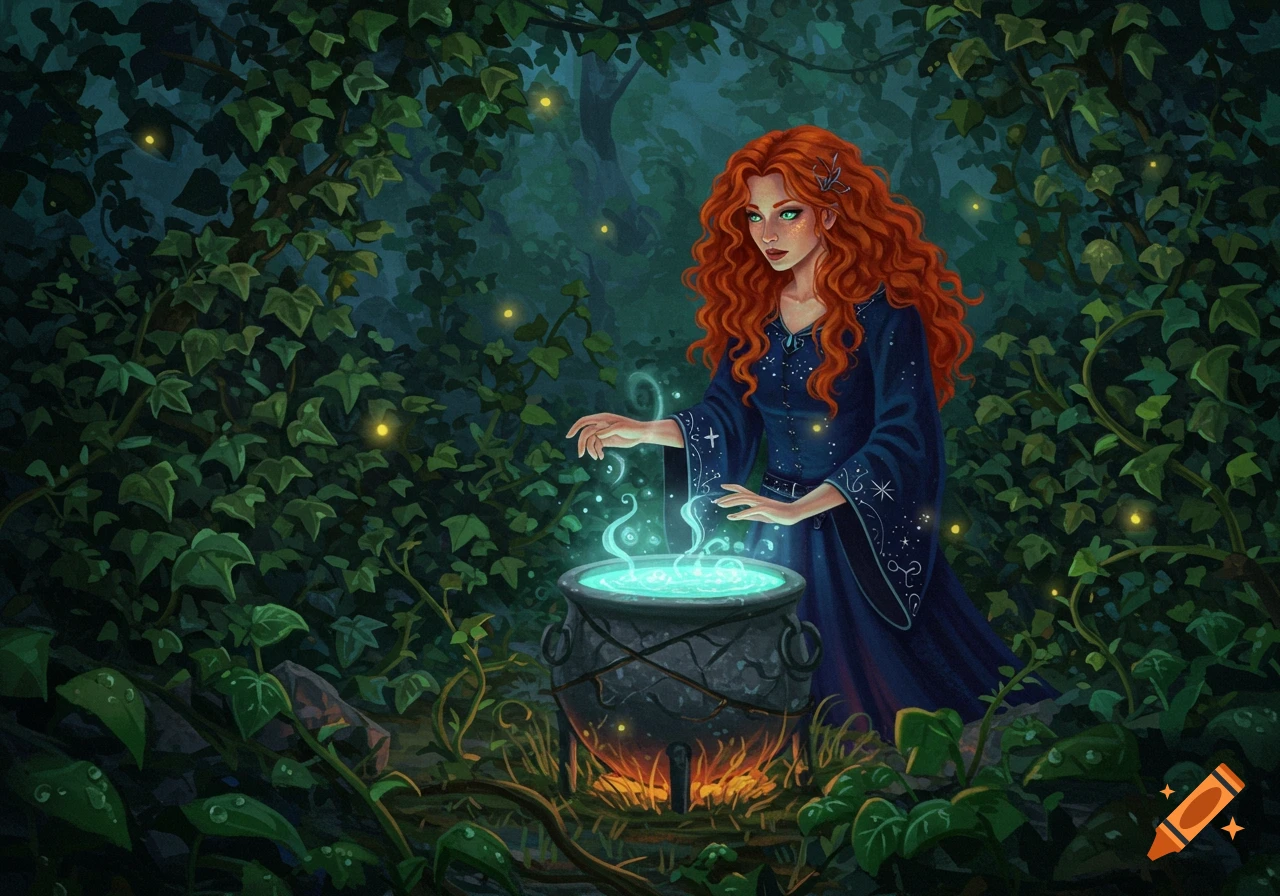 A redheaded witch with green eyes brews a glowing blue potion in a cauldron in a dark, ivy-covered forest with fireflies, in a fantasy art style.