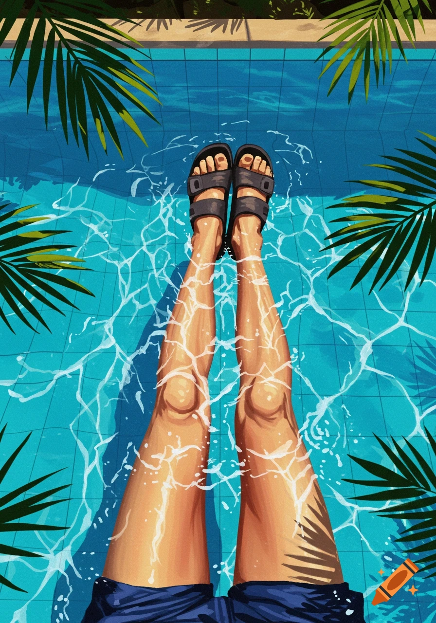 Illustrated view of legs wearing black sandals floating in a blue swimming pool, surrounded by palm fronds.