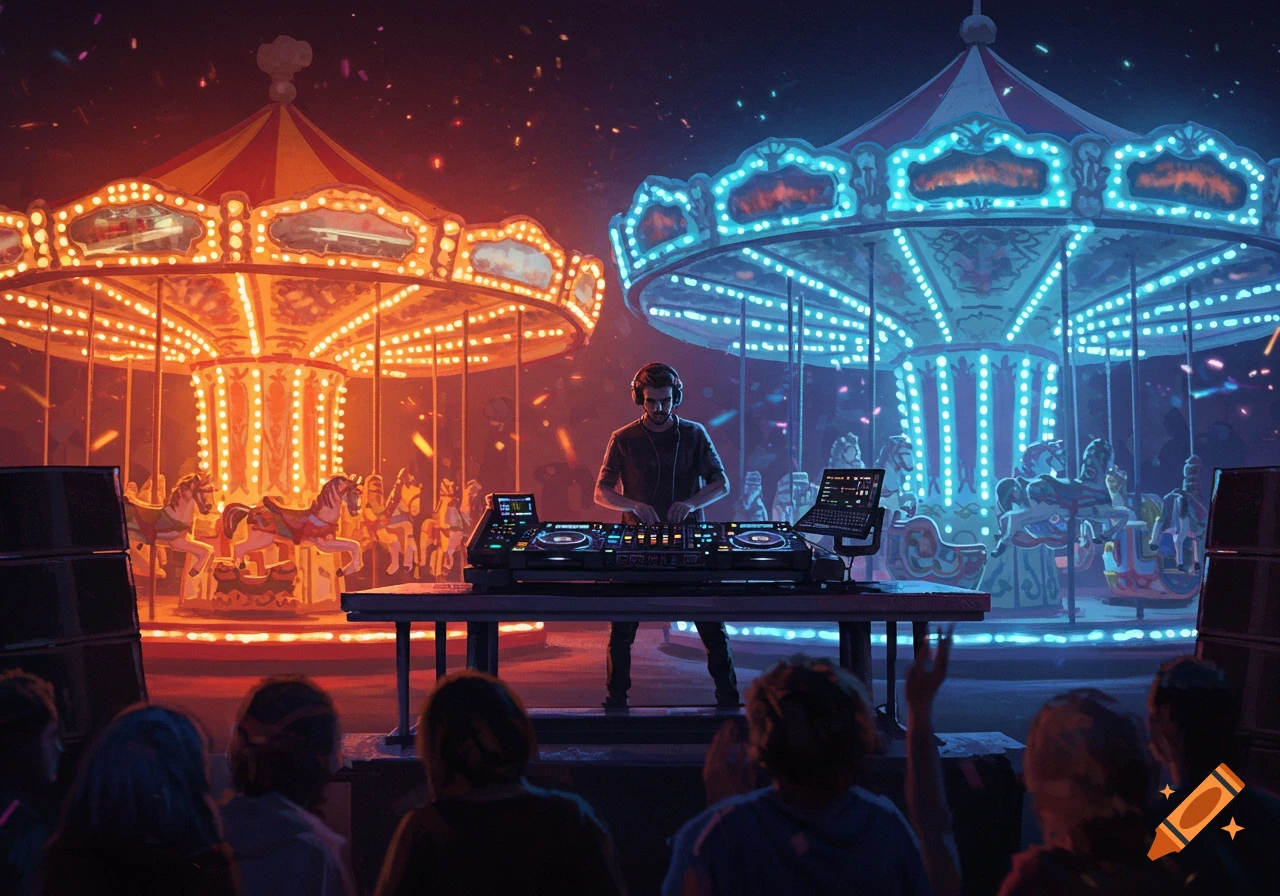 A DJ performs on stage between two brightly lit carousels, one orange and one blue, at a night event in a digital art style.