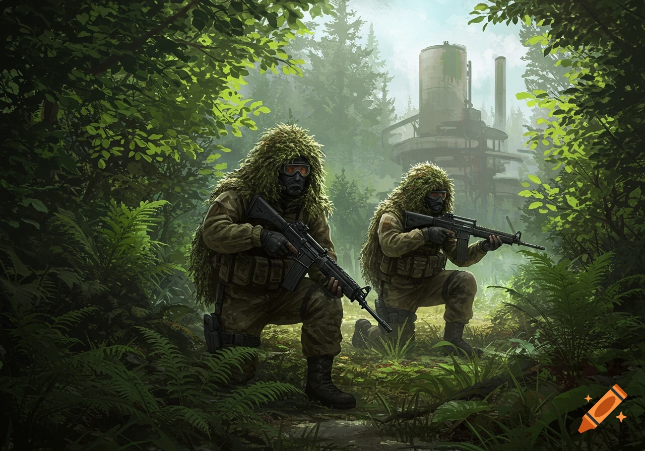 Two soldiers in ghillie suits and gas masks kneel in a dense forest, holding rifles, with an industrial complex in the background.