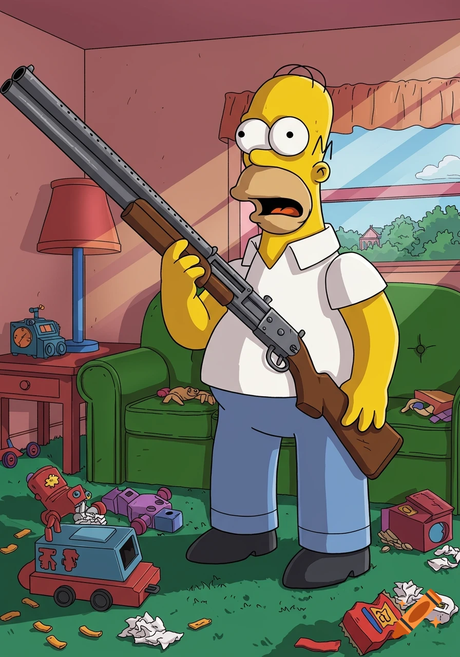 Cartoon Homer Simpson, with a shocked expression, holds a large shotgun in a messy living room.