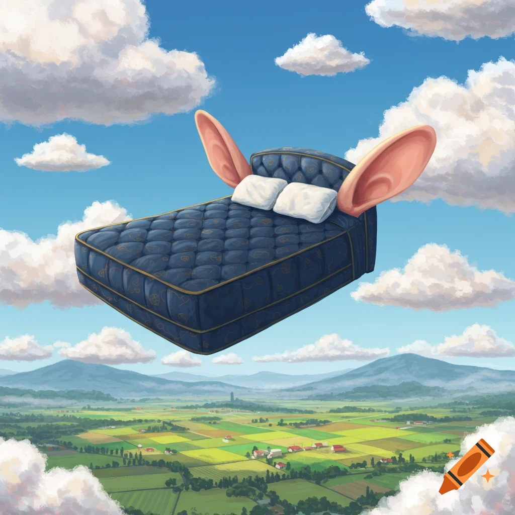 A surreal blue mattress with large pink ears floats in a bright blue sky above a green, patchwork landscape.