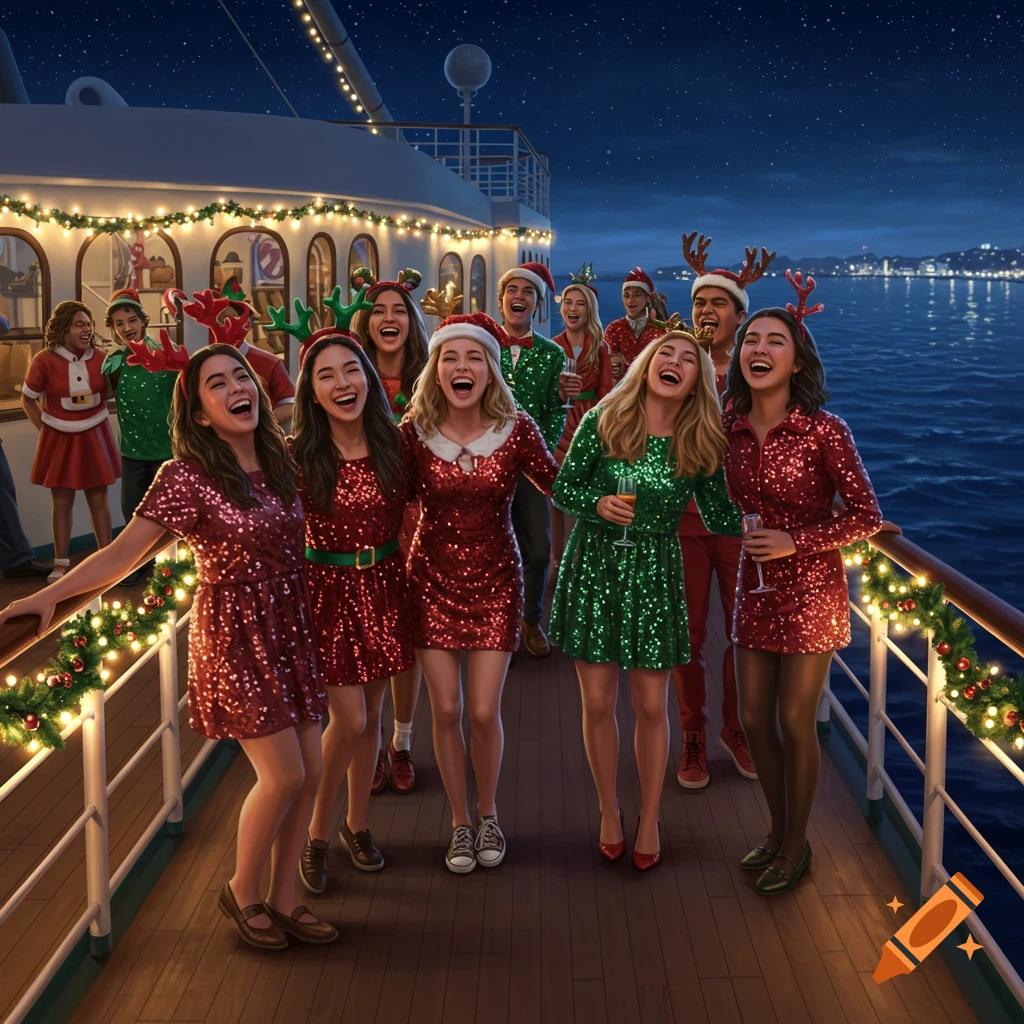 A group of young adults in festive sequined red and green dresses and Christmas hats laugh and pose on a decorated cruise ship deck at night.