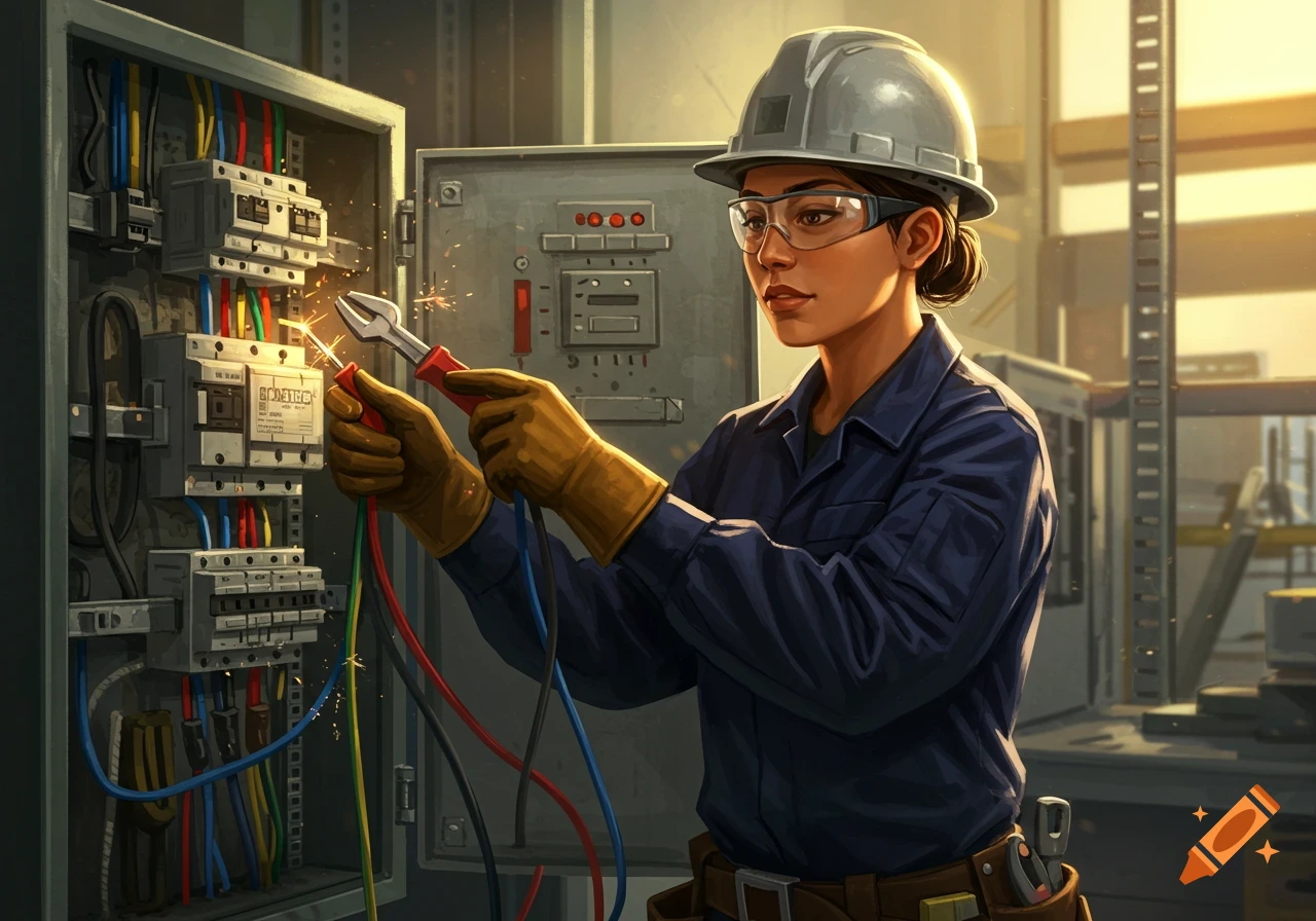 A woman electrician in a hard hat, safety glasses, and gloves works on an open electrical panel, sparks flying.