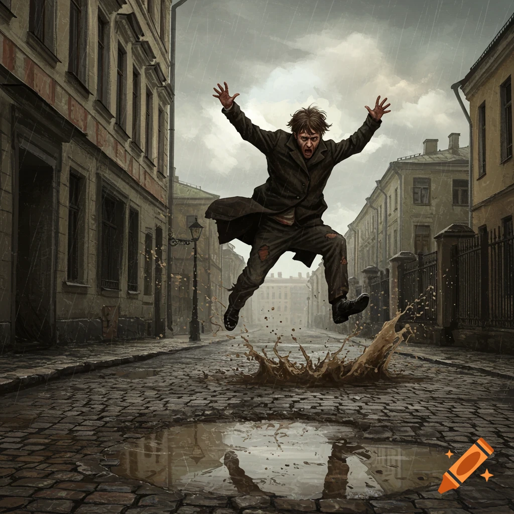 An expressive man in a coat jumps high over a muddy puddle on a rainy, cobblestone city street, digital illustration.