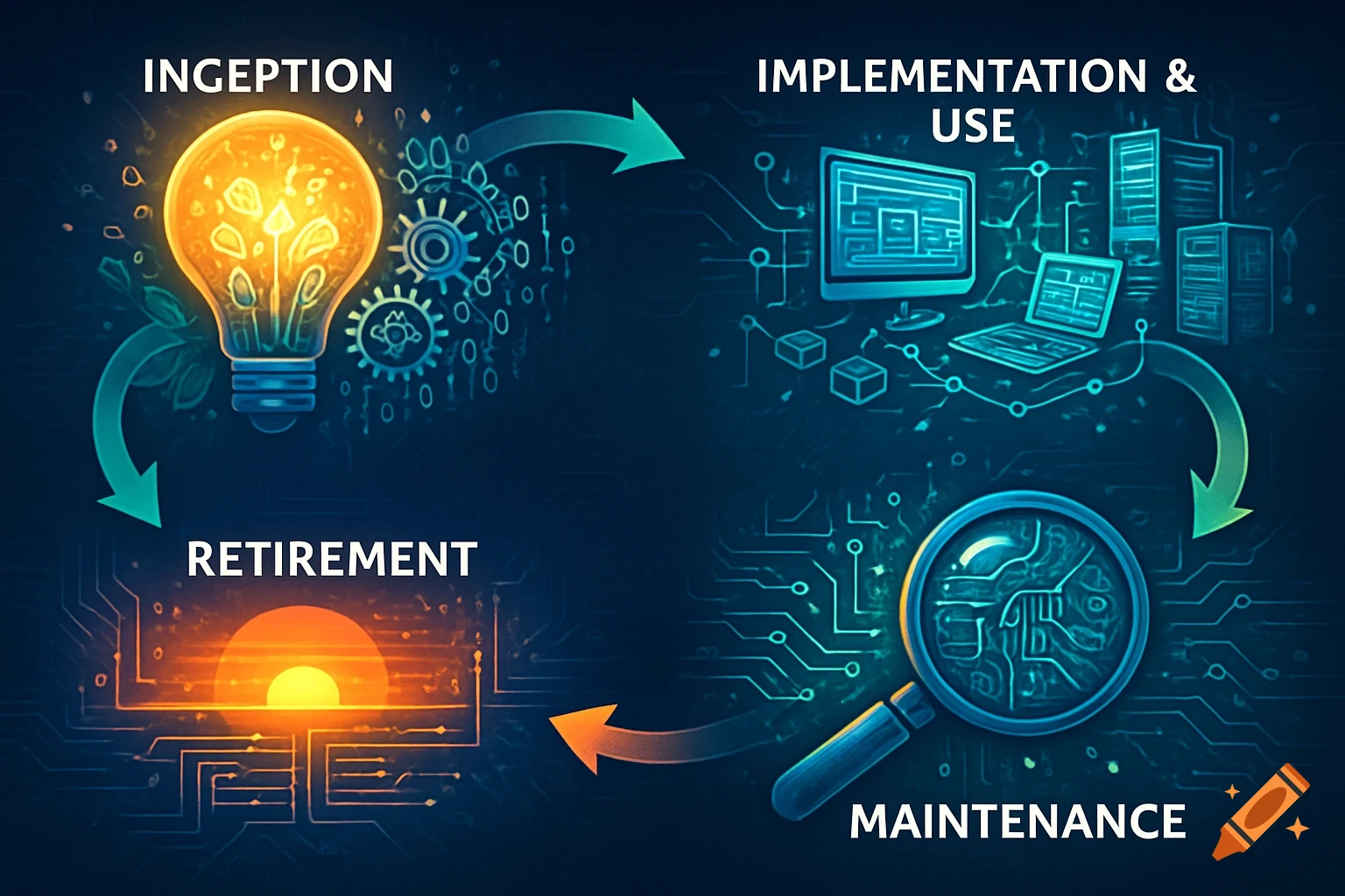 A stylized diagram illustrating the phases of a software life cycle: Inception, Implementation & Use, Maintenance, and Retirement, connected by arrows on a circuit board background.