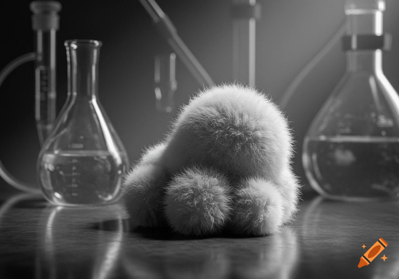 A soft, furry, white blob-like creature in a black and white science lab with blurred flasks and test tubes.