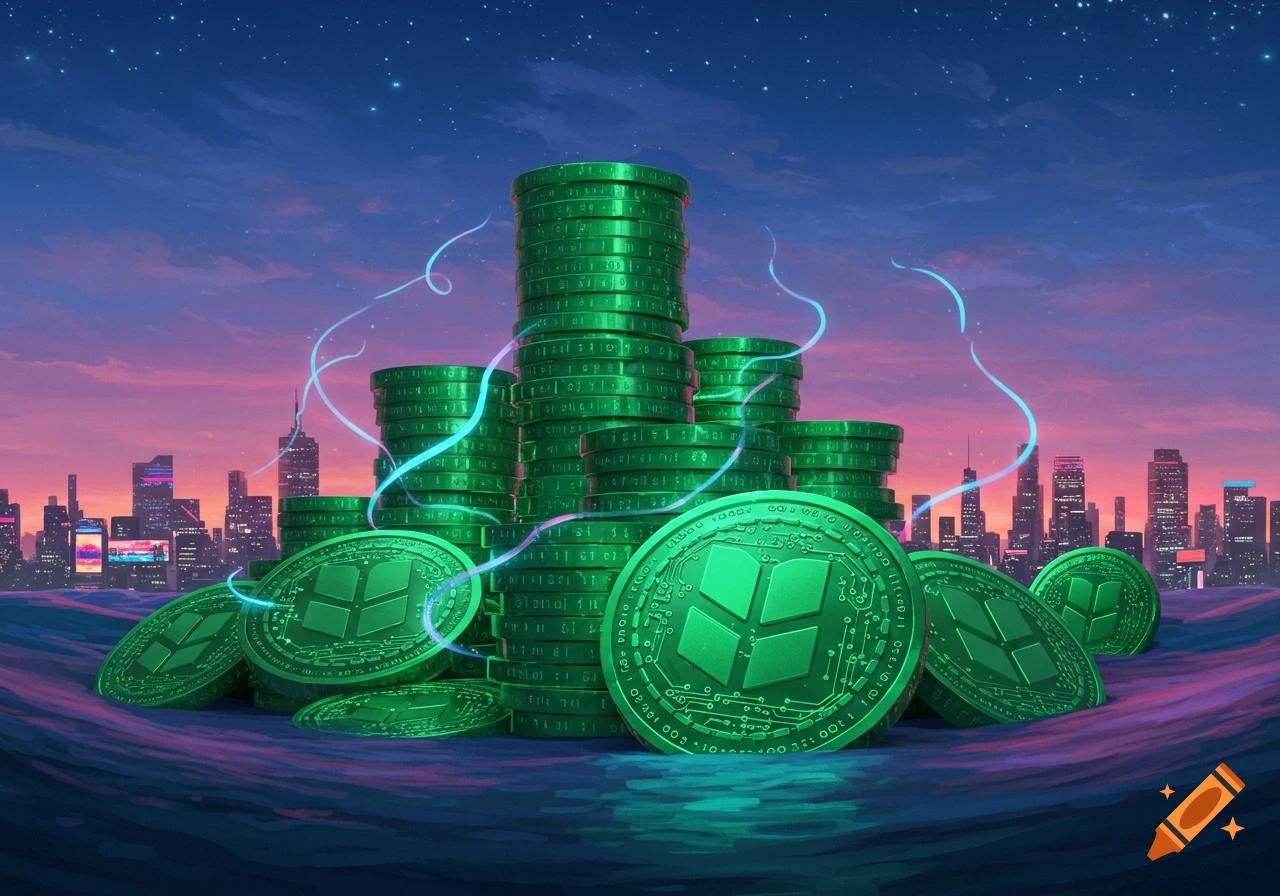 Piles of glowing green cryptocurrency coins in foreground with a stylized city skyline at sunset in background.