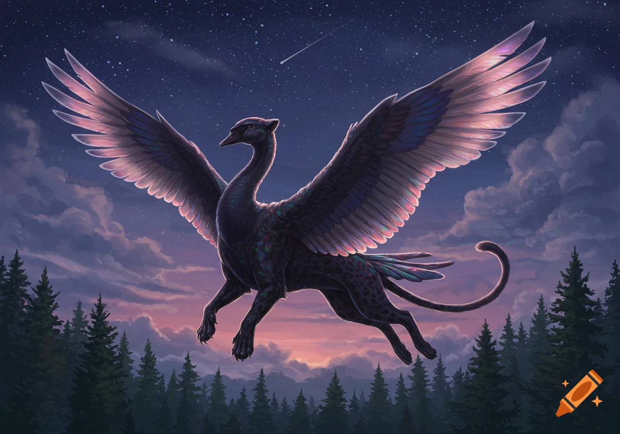 A dark, winged swan-cat creature flies over a pine forest under a starry night sky with a shooting star and purple clouds.