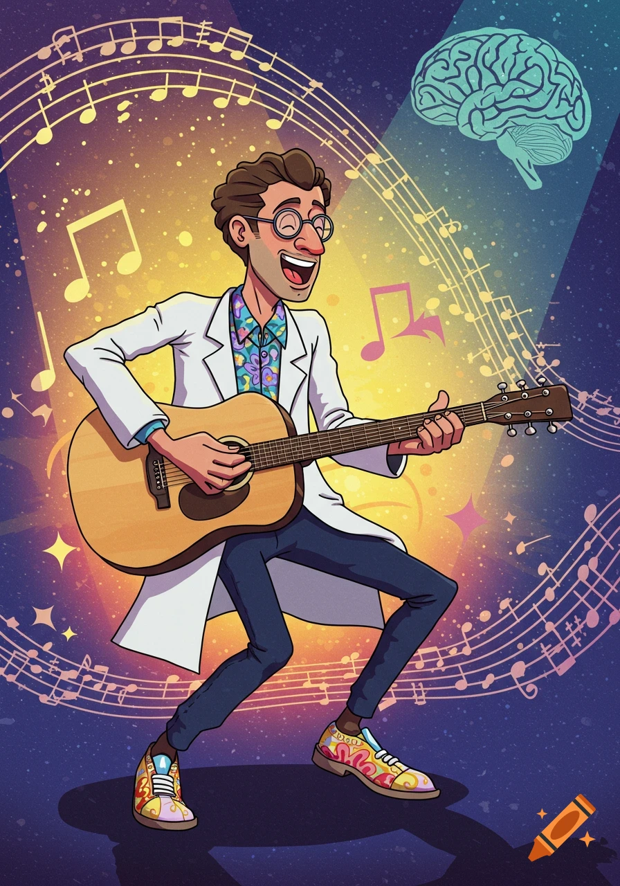 A joyful cartoon man in a lab coat and patterned shoes plays a guitar, surrounded by musical notes, with a brain illuminated above.