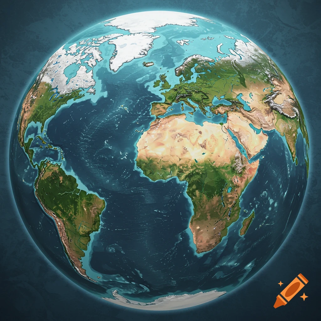 A stylized, detailed globe of an alternate Earth, featuring unique landmasses, oceans, and mountain ranges.