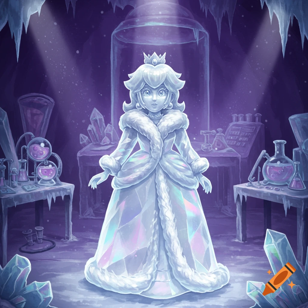 An illustrative image of Princess Peach as an ice statue wearing a white fur coat, standing in a purple, frozen laboratory.