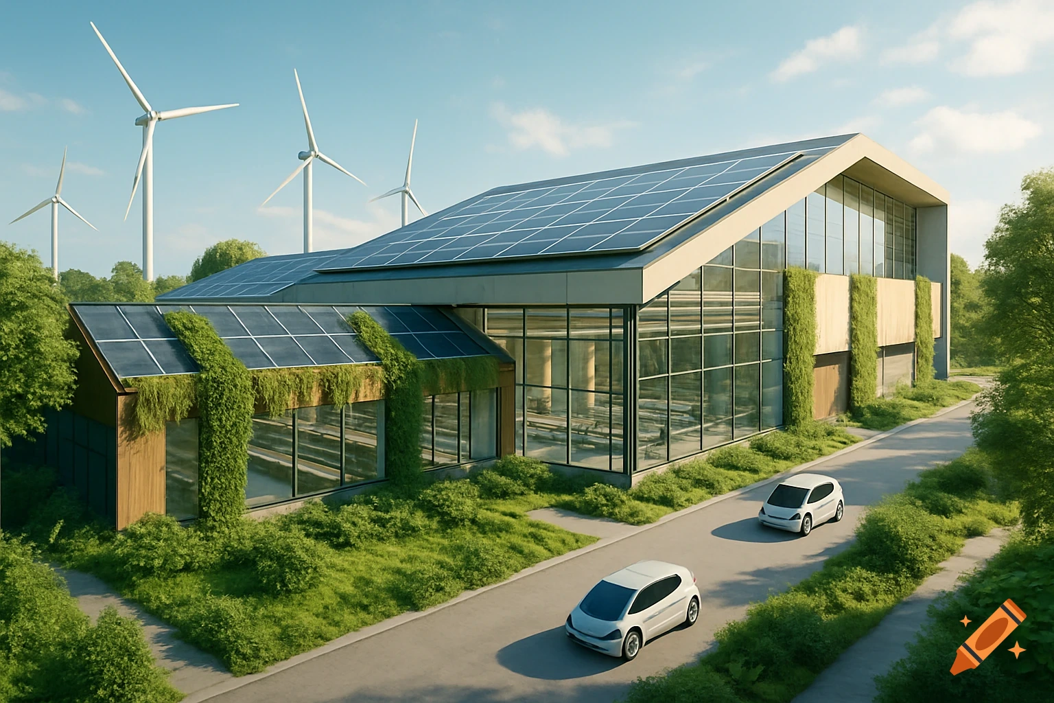 A modern green factory with solar panels, green walls, electric cars, and wind turbines in the background.