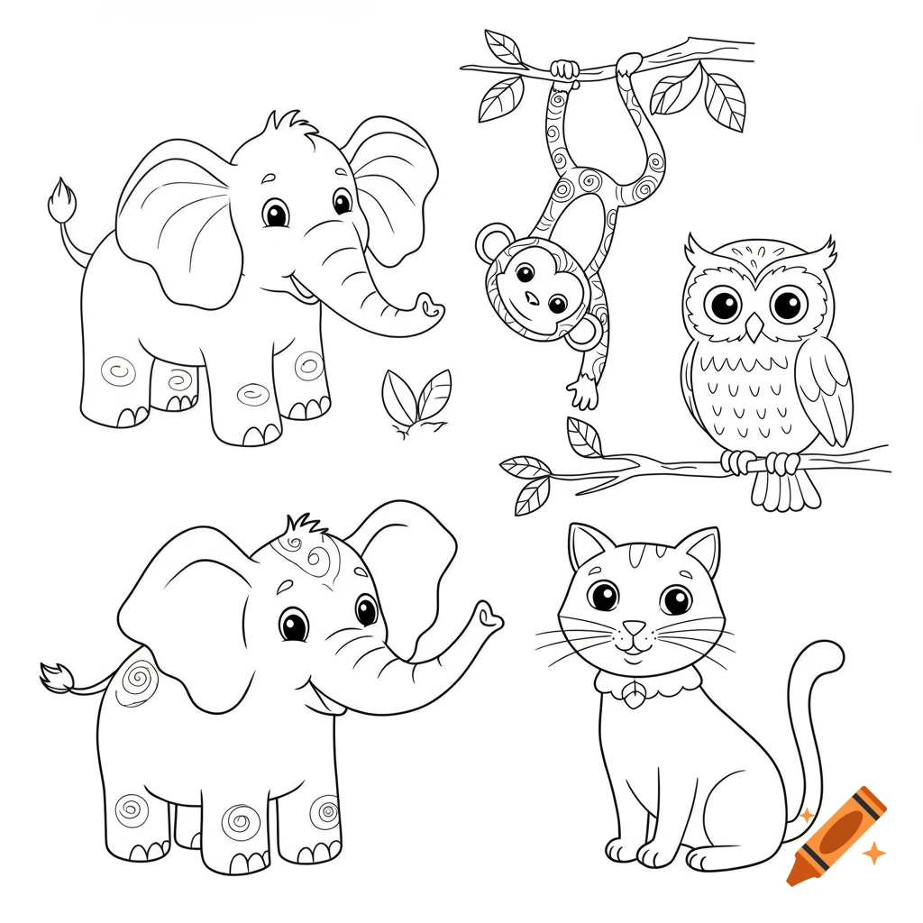 Black and white line art of cartoon elephants, a monkey, an owl, and a cat for a coloring book.