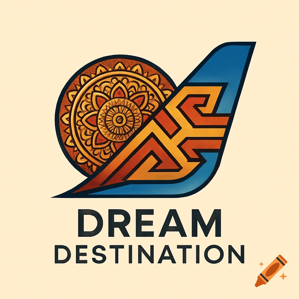 An airline logo combining a mandala with a stylized airplane tail fin in blue, orange, and brown, with 'DREAM DESTINATION' text below.