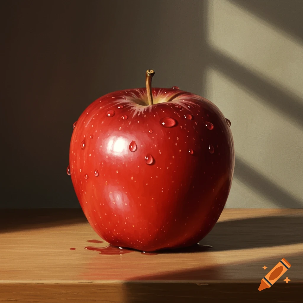 Photorealistic still life of a red apple covered in water droplets on a wooden table, lit by window light.
